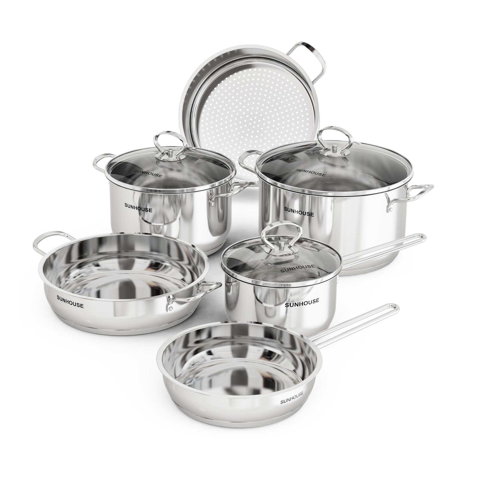 SUNHOUSE - Stainless Steel Cookware Set with PFOA-free, 18/10 Stainless Steel Pots and Pans Set - Tasty Cookware Set Including Saucepan, 2 Stock Pots, Steamer and 2 Frying Pans (9-Pieces Cookware Set)