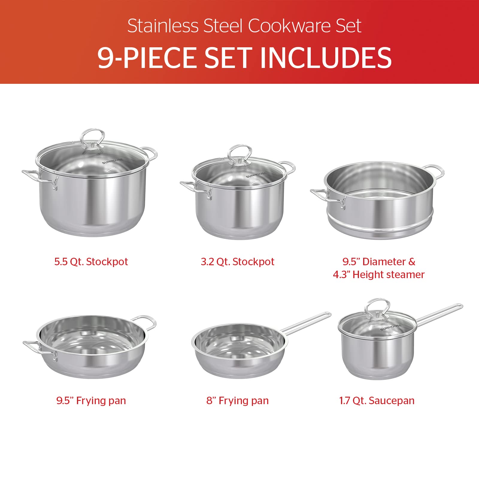 SUNHOUSE - Stainless Steel Cookware Set with PFOA-free, 18/10 Stainless Steel Pots and Pans Set - Tasty Cookware Set Including Saucepan, 2 Stock Pots, Steamer and 2 Frying Pans (9-Pieces Cookware Set)