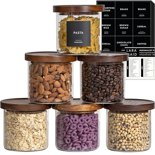 Laramaid 22oz 6Pack Glass Jars Set with Minimalist Pantry Labels, Round Pantry Jars with Brown Acacia Lids and Vinyl Customized Sticker Labels, Food Storage Containers for Home, Kitchen and Pantry