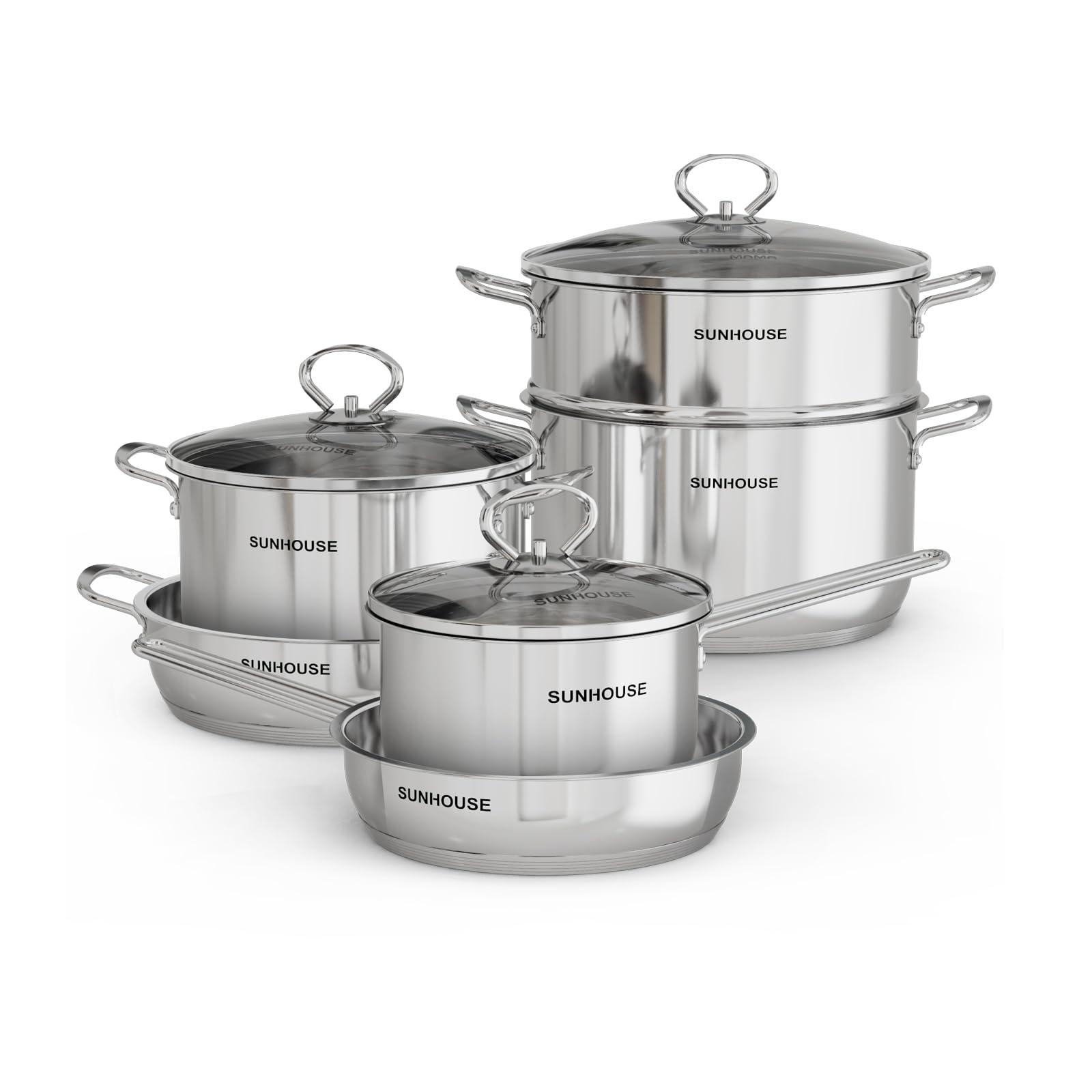 SUNHOUSE - Stainless Steel Cookware Set with PFOA-free, 18/10 Stainless Steel Pots and Pans Set - Tasty Cookware Set Including Saucepan, 2 Stock Pots, Steamer and 2 Frying Pans (9-Pieces Cookware Set)