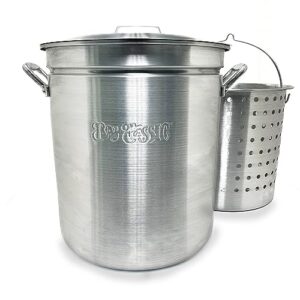 bayou classic 4060 60-qt aluminum stockpot w/basket features domed vented lid heavy riveted handles perforated aluminum basket perfect for boiling steaming and canning