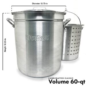 Bayou Classic 4060 60-qt Aluminum Stockpot w/Basket Features Domed Vented Lid Heavy Riveted Handles Perforated Aluminum Basket Perfect For Boiling Steaming and Canning