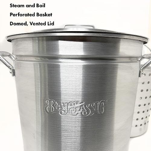 Bayou Classic 4060 60-qt Aluminum Stockpot w/Basket Features Domed Vented Lid Heavy Riveted Handles Perforated Aluminum Basket Perfect For Boiling Steaming and Canning