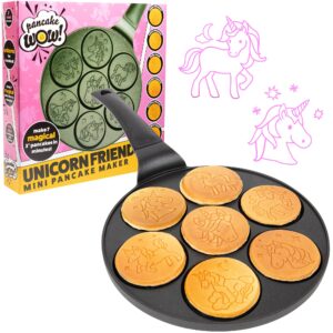 unicorn mini pancake pan - make 7 unique flapjack unicorns, nonstick pan cake maker griddle for breakfast fun & easy cleanup, magical birthday treat or gift for kids
