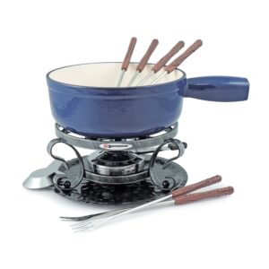 swissmar kf-66518 lugano 2-quart cast iron cheese fondue set, 9-piece, deep blue