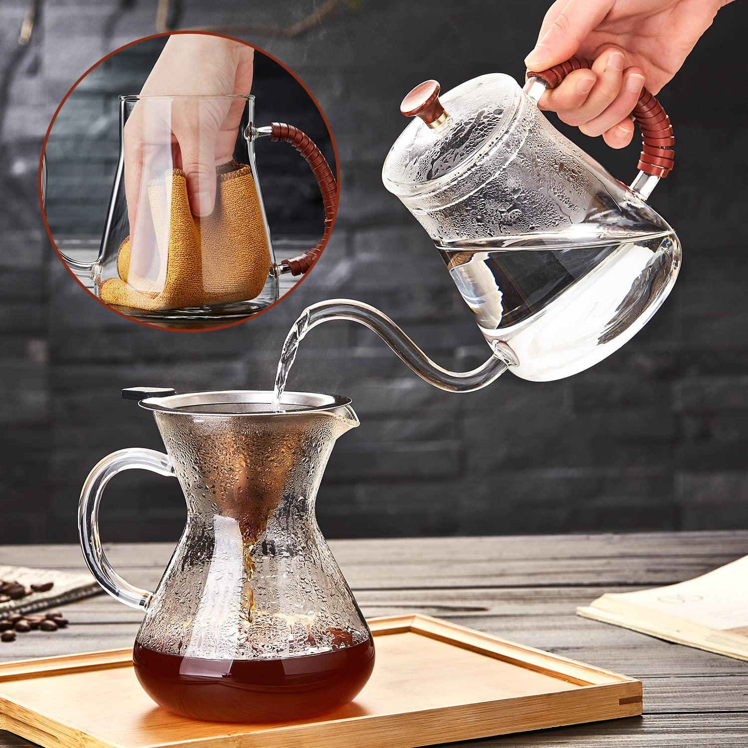 Unbreakable Gooseneck Kettle for Drip Coffee 20OZ Pour Over Coffee Kettle Tea Kettle for Stove Top,600ml/20oz Glass Coffee Kettle with Lid,Water Kettle Coffee Pot