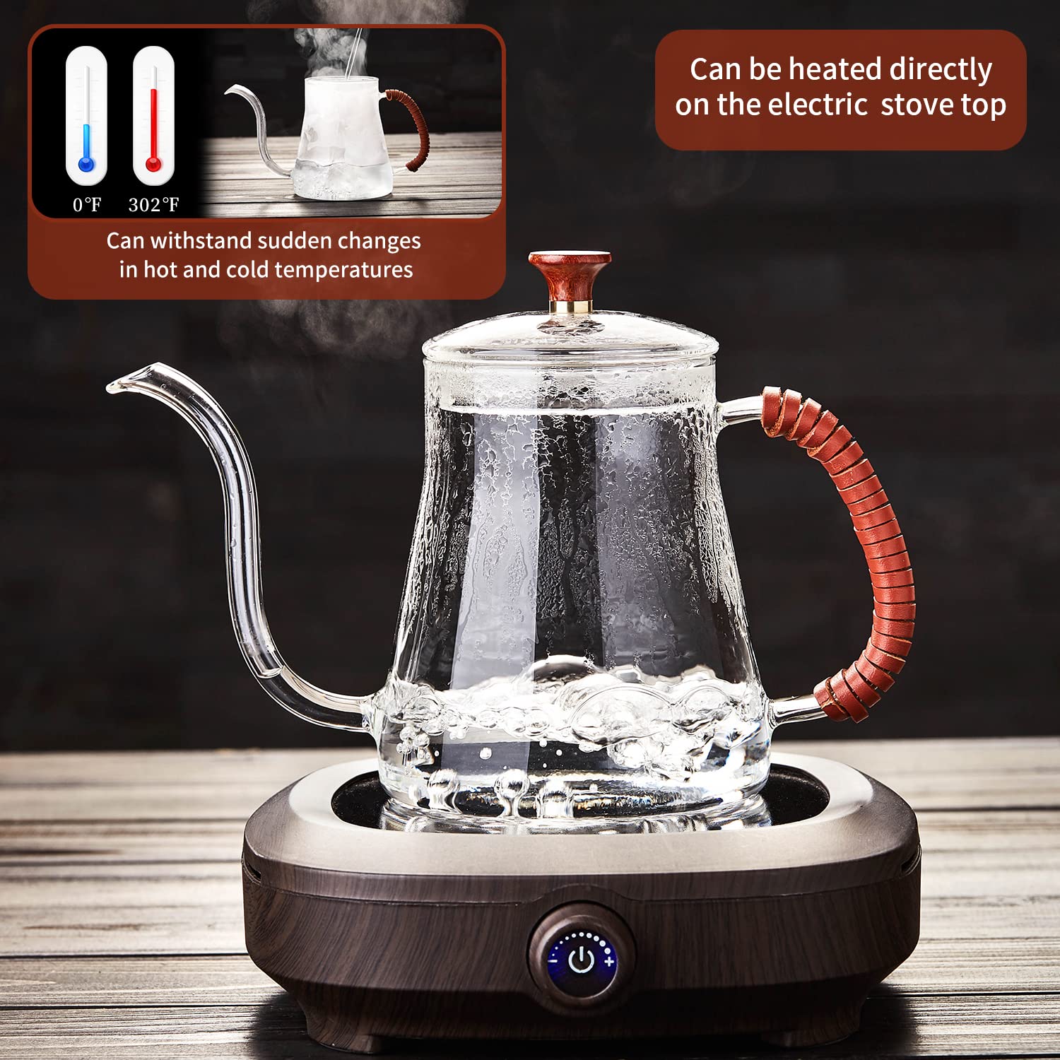Unbreakable Gooseneck Kettle for Drip Coffee 20OZ Pour Over Coffee Kettle Tea Kettle for Stove Top,600ml/20oz Glass Coffee Kettle with Lid,Water Kettle Coffee Pot