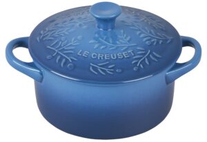 le creuset olive branch collection stoneware mini round cocotte, 24 oz., marseille with embossed lid