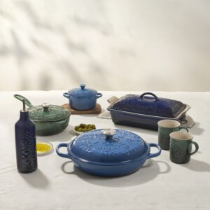 Le Creuset Olive Branch Collection Stoneware Mini Round Cocotte, 24 oz., Marseille with Embossed Lid