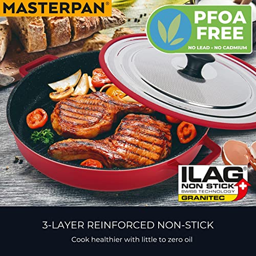 MasterPan Non-Stick Stovetop Oven Grill Pan with Heat-in Steam-Out Lid, nonstick cookware, 12", Black,