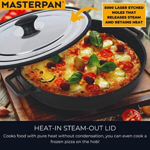 MasterPan Non-Stick Stovetop Oven Grill Pan with Heat-in Steam-Out Lid, nonstick cookware, 12", Black,