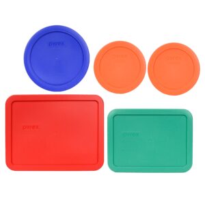 pyrex bundle - 5 items: (2) 7200-pc 2-cup orange lids, (1) 7201-pc 4-cup cadet blue lid, (1) 7210-pc 3-cup light green lid, (1) 7211-pc 6-cup red lid made in the usa