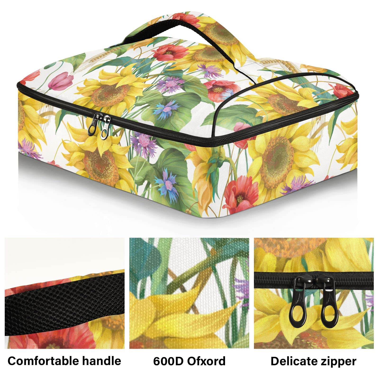 Kigai Sunflower Cornflower Poppy Pattern Insulated Casserole Carriers for Hot or Cold Food Storage, Perfect for Parties, Picnics, and Camping; Fits 9” x 13”Baking Dishes; Casserole Carrying Case