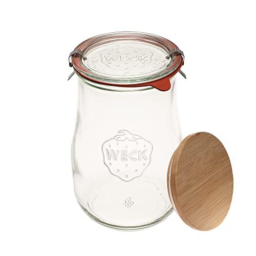 Weck Jars - Weck Tulip Jars 1.5 Liter - Sour Dough Starter Jar - Large Glass Jars for Sourdough - Starter Jar with Glass Lid Tulip Jar with Wide Mouth Suitable Canning and Storage 1 Jar with Wood Lid