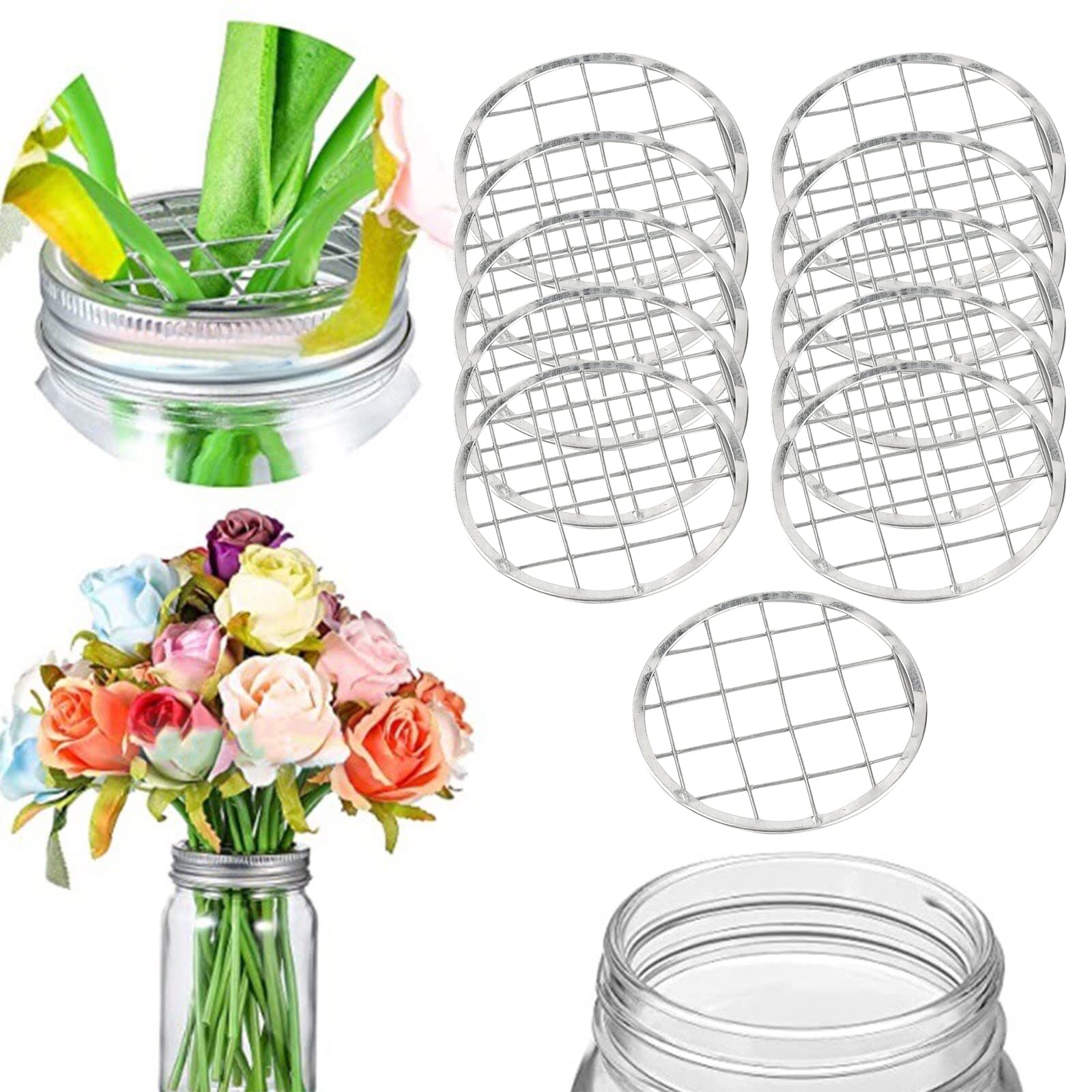 GORGECRAFT 30Pcs Flower Frog Lids Mason Jars Holder Lid Inserts Floral Arrangement Organizer Metal Flower Glass Bottle Covers Grid Lids Insert with Square Grids for Regular Mouth Mason Canning Jars