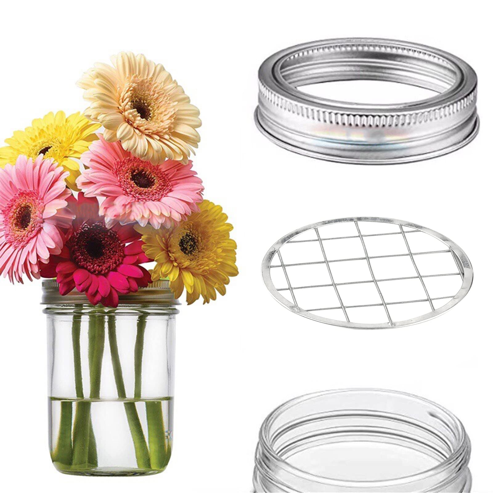 GORGECRAFT 30Pcs Flower Frog Lids Mason Jars Holder Lid Inserts Floral Arrangement Organizer Metal Flower Glass Bottle Covers Grid Lids Insert with Square Grids for Regular Mouth Mason Canning Jars