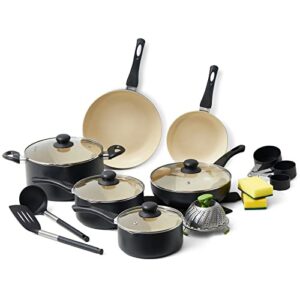 ecowin non stick cooking sets, granite coating nonstick cookware set, kitcken pots and pans pfoa free, oven safe & dishwasher safe - 21 pieces