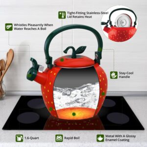 UPware Enamel on Steel Whistling Tea Kettle, Stovetop Teakettle (2.3 Quart, Strawberry)