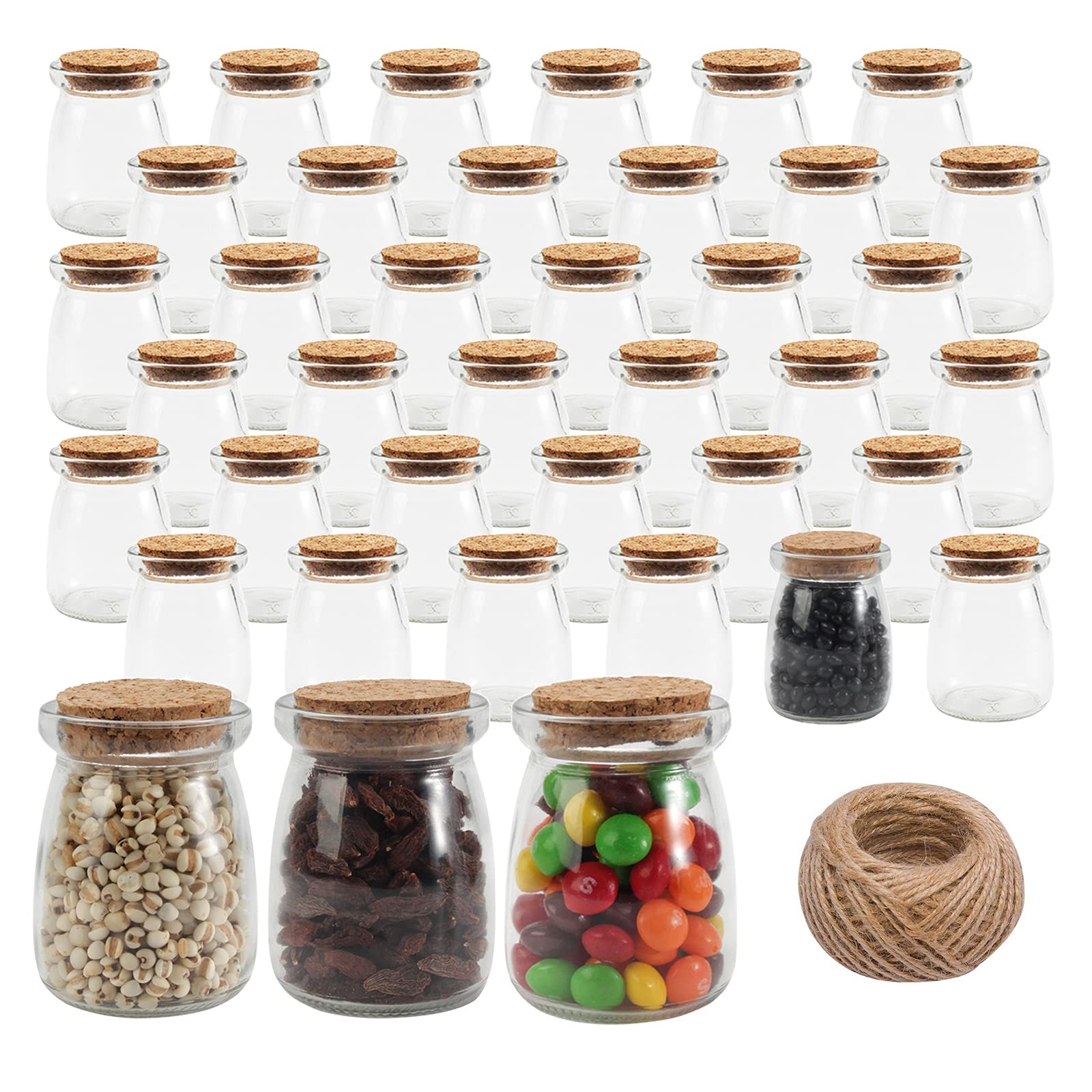 OAMCEG 39 PCS Glass Jars with Cork Lids 3.4oz Small Yogurt Jars Mini Candle Jars Little Pudding Jars Glass Favor Jars Mason Jars, Glass Containers with Lids & 50m String (Set of 39, 100ml)