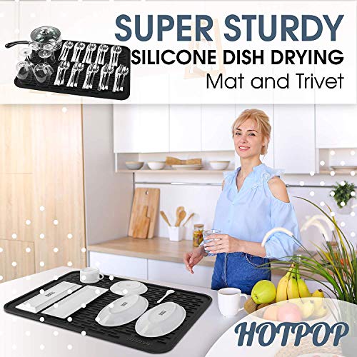 HOTPOP Medium (16"x12") Super Sturdy Silicone Dish Drying Mat and Trivet, Dishwasher Safe, Heat Resistant, Eco-Friendly (Black)