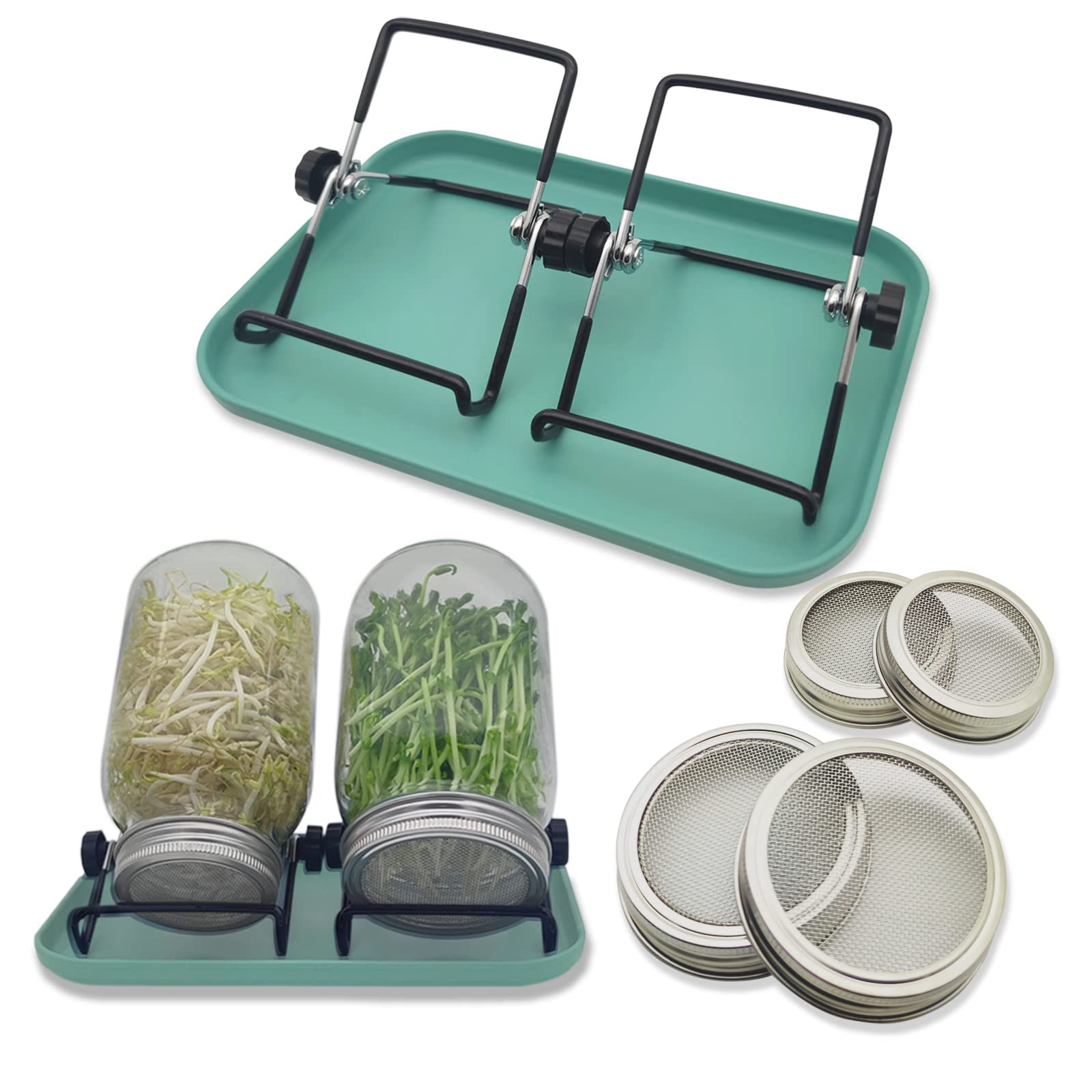 Guyemnat Sprouting Kit, 4 PCS Stainless Steel Sprouting Lids for Regular and Wide Mouth Mason Jars, 2 Sprouting Stands,Sprouting Tray,Label sticker,Sprouts Growing Kit (Not Include Mason Jar)