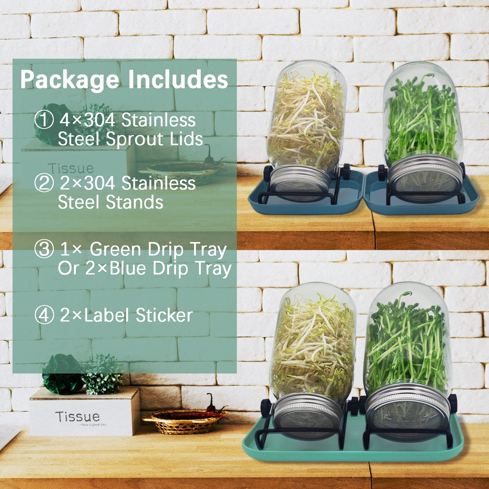 Guyemnat Sprouting Kit, 4 PCS Stainless Steel Sprouting Lids for Regular and Wide Mouth Mason Jars, 2 Sprouting Stands,Sprouting Tray,Label sticker,Sprouts Growing Kit (Not Include Mason Jar)
