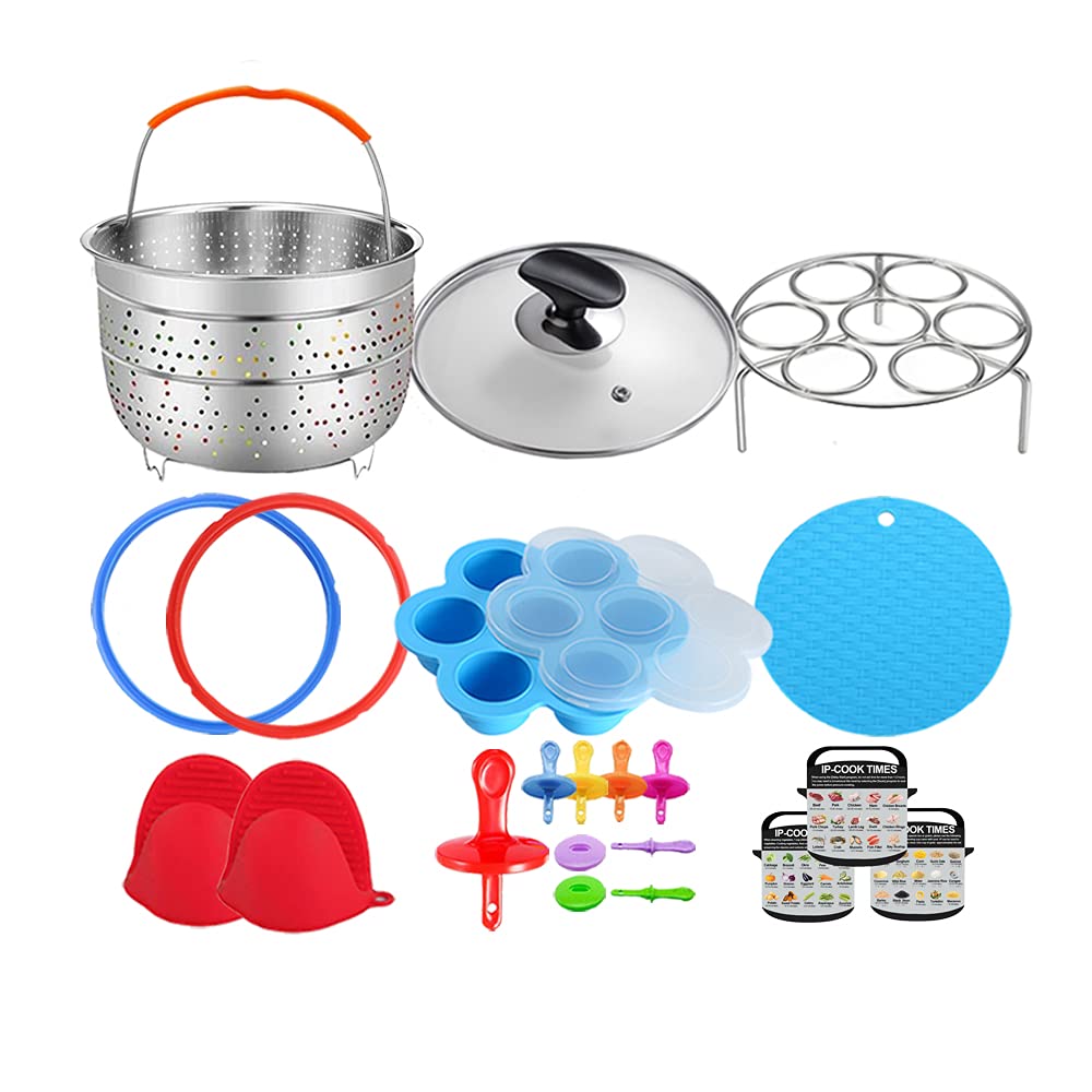 3 Quart Pressure Cooker Accessories Compatible with Instant Pot 3 Qt Only - Steamer Basket, Glass Lid, Silicone Sealing Rings, Egg Bites Mold, Egg Steamer Rack and More