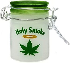 airtight glass herb mini stash jar with clamping lid in choice of design (holy smoke)
