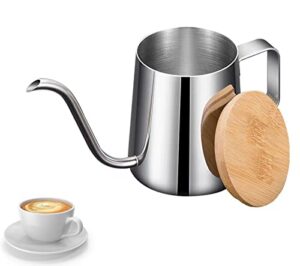 pour over drip kettle 350ml stainless steel gooseneck coffee kettle long narrow spout hand drip coffee tea pot with lid small and simplicity (silver)