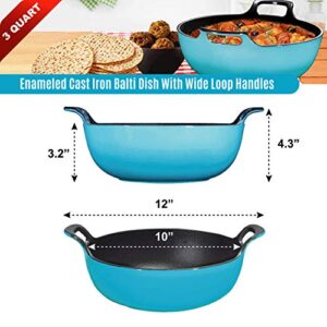 Bruntmor 3 Qt Enamel Cast Iron Balti Dish - Nonstick Handi for Curries, Asian Wok, Dutch Oven for Casseroles, Stovetop Stir Fry Pan