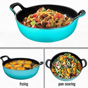 Bruntmor 3 Qt Enamel Cast Iron Balti Dish - Nonstick Handi for Curries, Asian Wok, Dutch Oven for Casseroles, Stovetop Stir Fry Pan