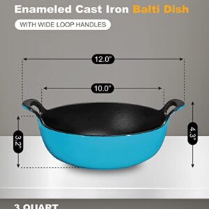 Bruntmor 3 Qt Enamel Cast Iron Balti Dish - Nonstick Handi for Curries, Asian Wok, Dutch Oven for Casseroles, Stovetop Stir Fry Pan