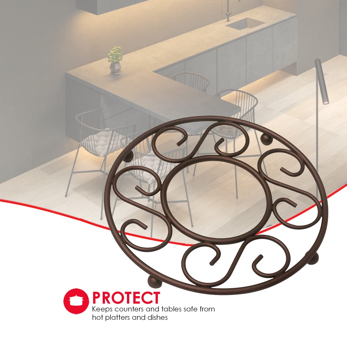 Home Basics Scroll Collection Steel Trivet for Hot Dishes, Pots And Pans, Round Design, For Kitchen & Dinning Table, Bronze