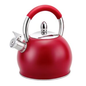 hrhongrui whistling tea kettle for stove top stainless steel tea pot with ergonomic silicone handle teapot for stovetop 3.2 quart / 3 liter red