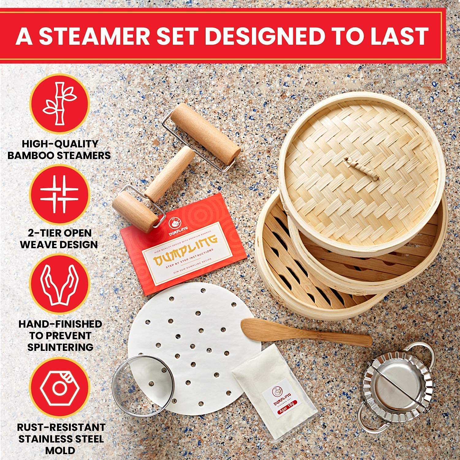 Dumpling Maker, Soup Dumpling Kit w/Dumpling Mold! Kitchen Gadget, Bamboo Steamer Basket, Dumpling Cutter, Agar, Roller, Recipes. Unique Gifts. Make Your Own Dumplings, Dim Sum, Chinese Steamer