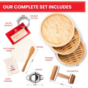 Dumpling Maker, Soup Dumpling Kit w/Dumpling Mold! Kitchen Gadget, Bamboo Steamer Basket, Dumpling Cutter, Agar, Roller, Recipes. Unique Gifts. Make Your Own Dumplings, Dim Sum, Chinese Steamer