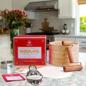 Dumpling Maker, Soup Dumpling Kit w/Dumpling Mold! Kitchen Gadget, Bamboo Steamer Basket, Dumpling Cutter, Agar, Roller, Recipes. Unique Gifts. Make Your Own Dumplings, Dim Sum, Chinese Steamer