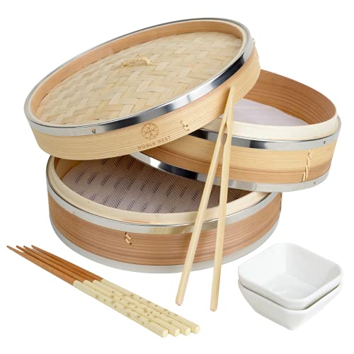 Noble Nest Deluxe Bamboo Steamer Basket 10-inch | 2-Tier Vegetable Steamer for Cooking | Dumpling Maker | Food Steamer Pot | Veggie Steamer | 2-Pairs of Chopsticks, Sauce Dish & 50 Perforated Liners