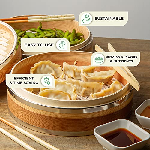 Noble Nest Deluxe Bamboo Steamer Basket 10-inch | 2-Tier Vegetable Steamer for Cooking | Dumpling Maker | Food Steamer Pot | Veggie Steamer | 2-Pairs of Chopsticks, Sauce Dish & 50 Perforated Liners