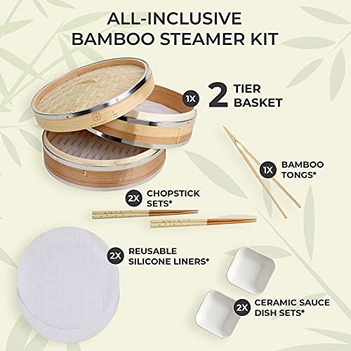 Noble Nest Deluxe Bamboo Steamer Basket 10-inch | 2-Tier Vegetable Steamer for Cooking | Dumpling Maker | Food Steamer Pot | Veggie Steamer | 2-Pairs of Chopsticks, Sauce Dish & 50 Perforated Liners