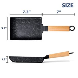 LISOS Tamagoyaki Pan Square Japanese Omelette Pan,Non-stick Egg Roll Pan,Rectangle Frying Pan Wood Handle,with Silicone Brush & Red silicone spatula,Black