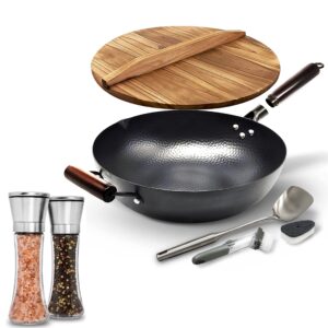 bundle home ec carbon steel wok pan for electric, induction and gas stove and home ec stainless steel salt and pepper grinder set