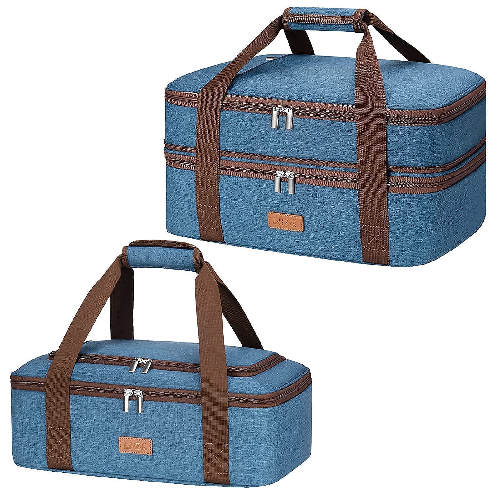 LHZK (2-Piece Set Double Decker Insulated Casserole Carrier and Single Decker Insulated Casserole Carrier for Hot or Cold Food, Fits 11 x 15 or 9 x 13 Baking Dish, Blue