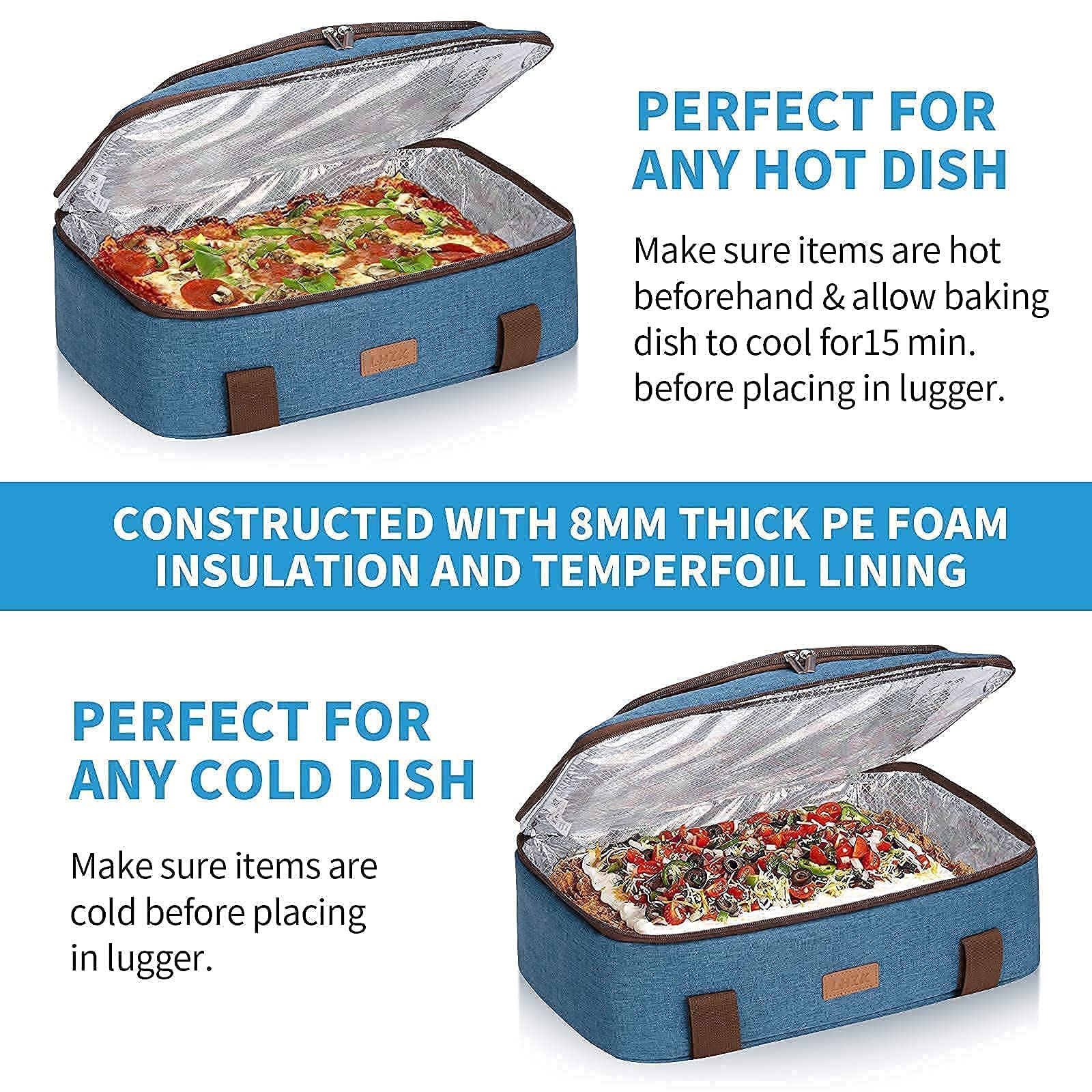 LHZK (2-Piece Set Double Decker Insulated Casserole Carrier and Single Decker Insulated Casserole Carrier for Hot or Cold Food, Fits 11 x 15 or 9 x 13 Baking Dish, Blue