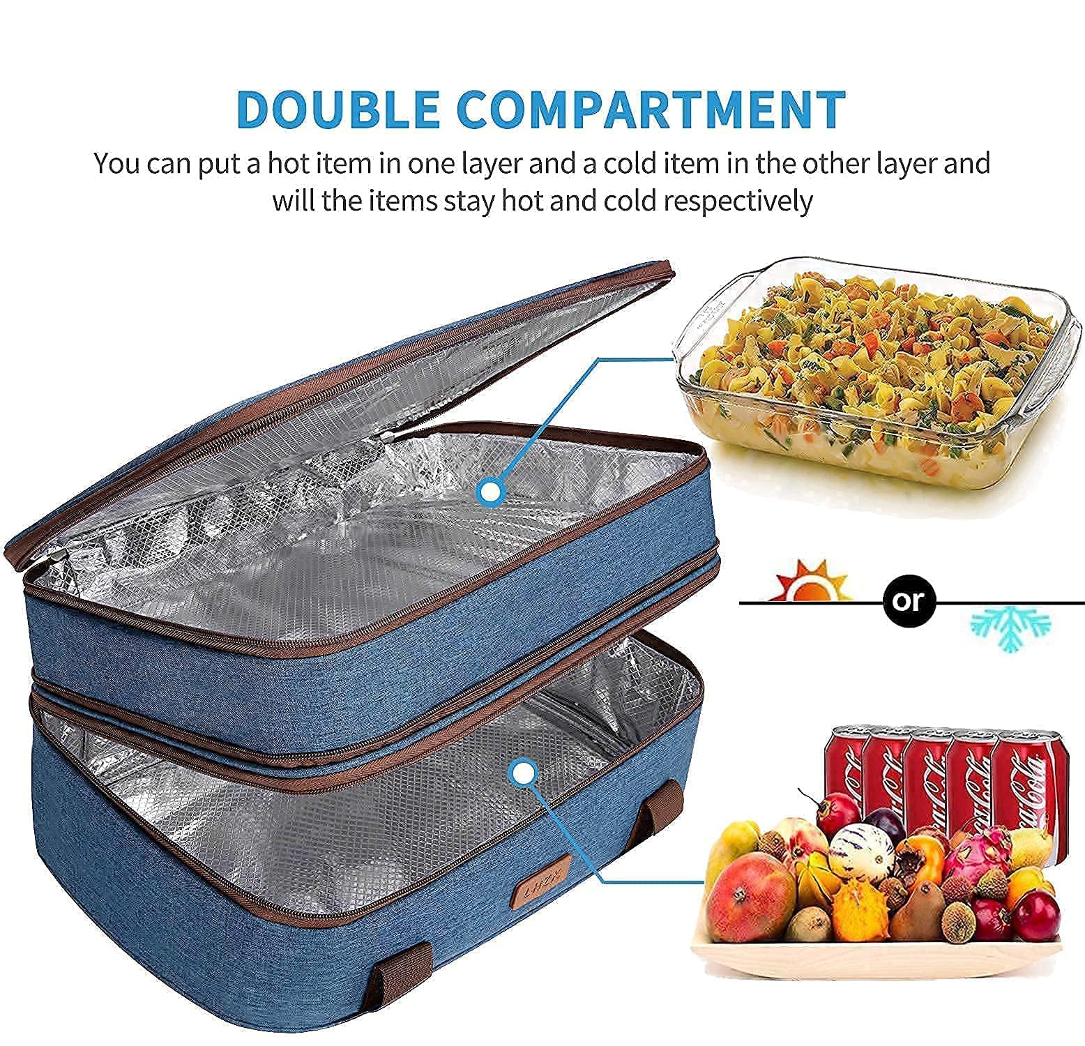 LHZK (2-Piece Set Double Decker Insulated Casserole Carrier and Single Decker Insulated Casserole Carrier for Hot or Cold Food, Fits 11 x 15 or 9 x 13 Baking Dish, Blue