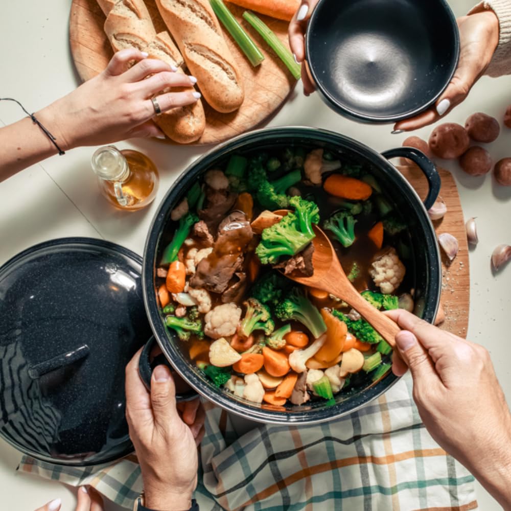 Granite Ware 9.5 Qt Heavy Gauge Dutch Oven with Lid. (Speckled Black) Enamelware. Stainless Steel. Suitable for Cooktops, Oven to Table. Dishwasher Safe.