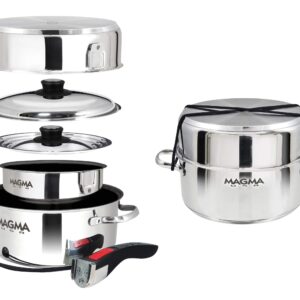 Magma Products, A10-363-2-IND, Gourmet Nesting 7-Piece Stainless Steel Induction Cookware Set with Ceramica Non-Stick, Silver