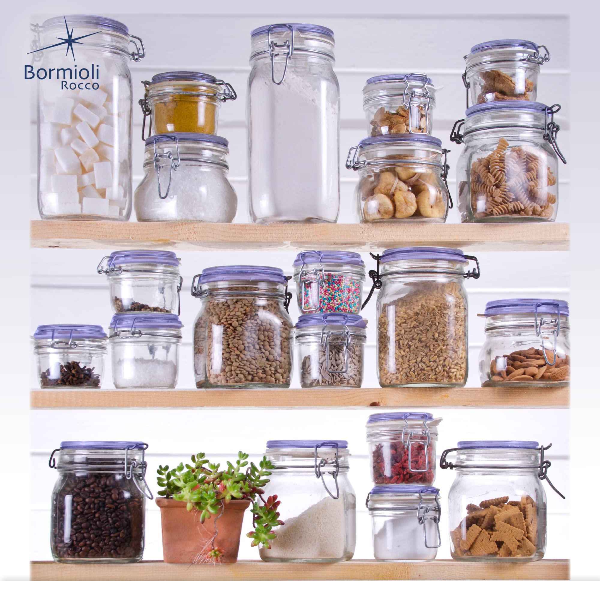 Bormioli Rocco Fido Collection, 2 Pack, 25¼ Oz. Food Storage Glass Jars, Airtight Rubber Seal & Glass Lid, With Stainless Wire Clamp, Made In Italy.