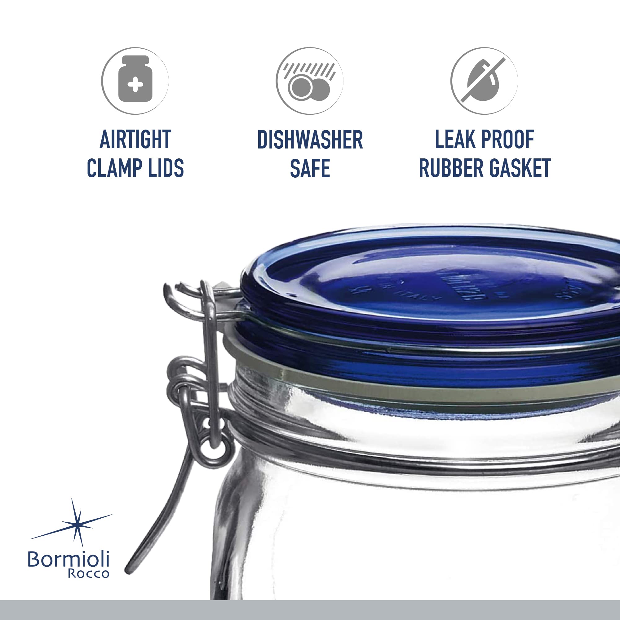 Bormioli Rocco Fido Collection, 2 Pack, 25¼ Oz. Food Storage Glass Jars, Airtight Rubber Seal & Glass Lid, With Stainless Wire Clamp, Made In Italy.