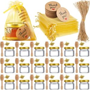 50 pcs 1oz small glass jars with lids mini honey jars with wood dipper, bee charms, golden gift bags, jutes, and tags, jars with golden lids for baby shower, wedding, and party favors